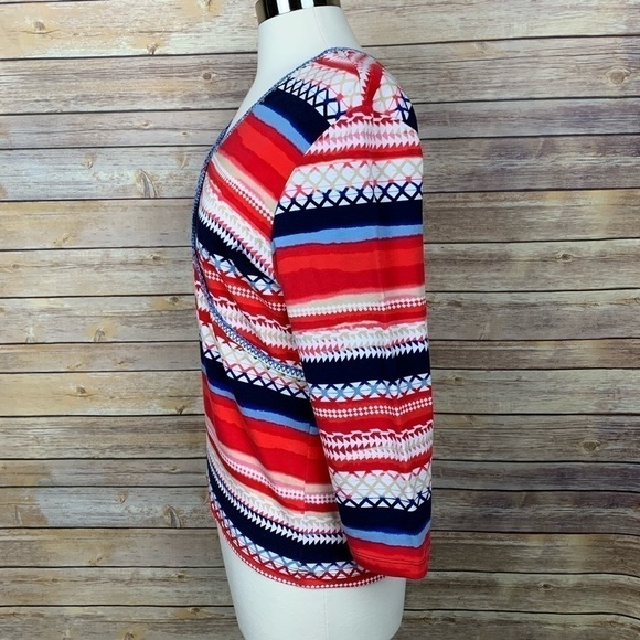 Ruby Road Petite L 3/4 Sleeve V Neck Tee Red/Blue - Picture 2 of 6